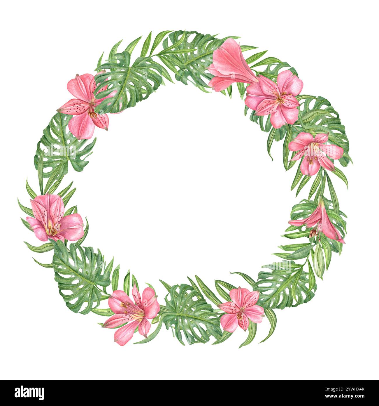 Sommer exotische grüne Blätter, rosa Blumen Aquarellkranz mit leerem Platz für Text. Alstroemeria Blumen, Palme, Monstera Laub Illustration Stockfoto