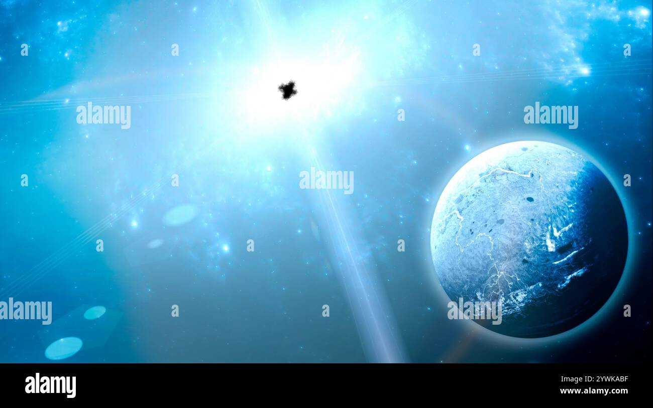 Quasar 3C 273 ein Objekt, das heller ist als alle Sterne in 10 Galaxien zusammen, in seinem Zentrum ein supermassereiches Schwarzes Loch. Exoplanet. 3D-Rendering Stockfoto