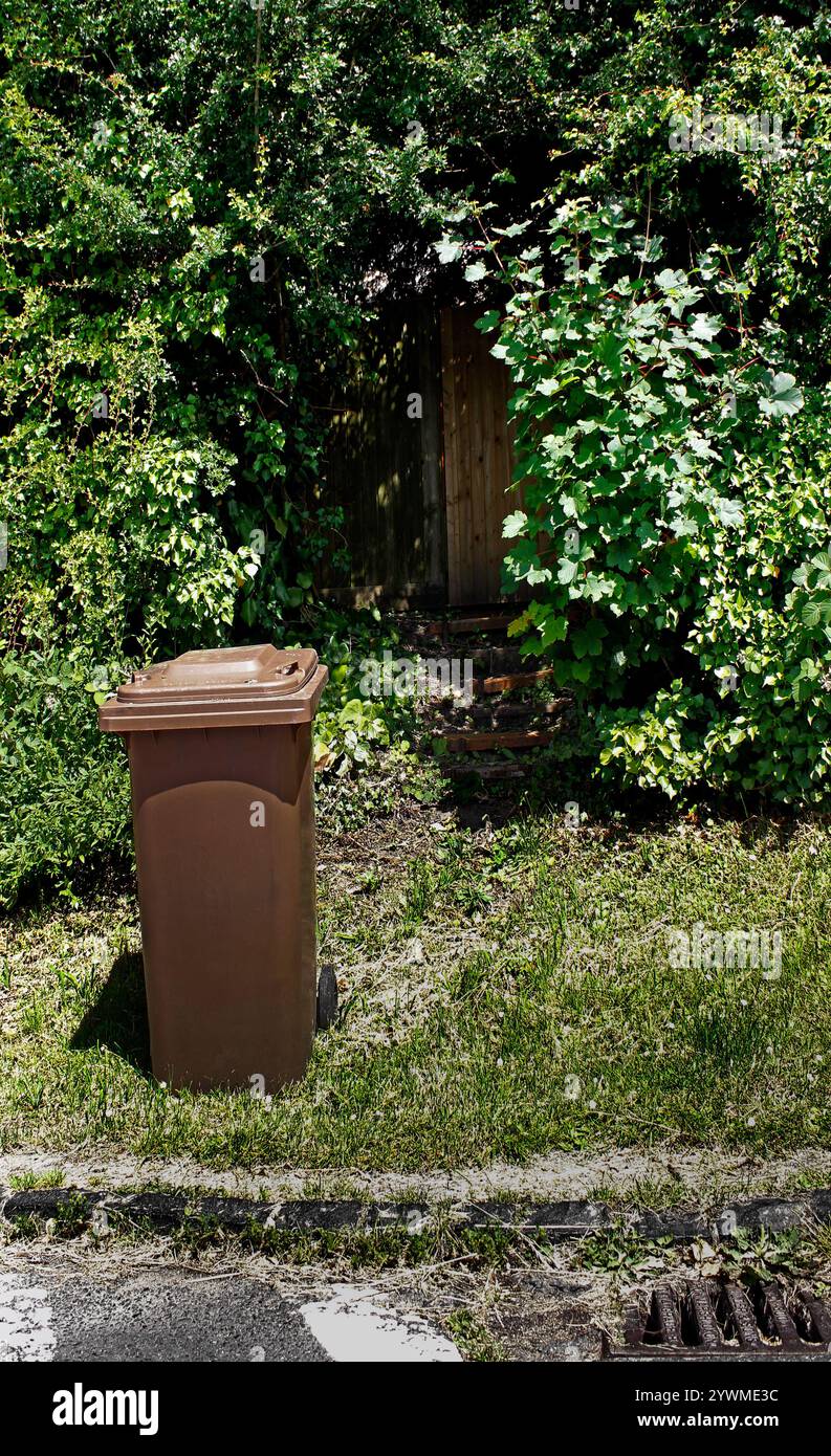 Brauner Papierkorb für Gartenabfälle, bereit für den Sammelservice des rates Stockfoto