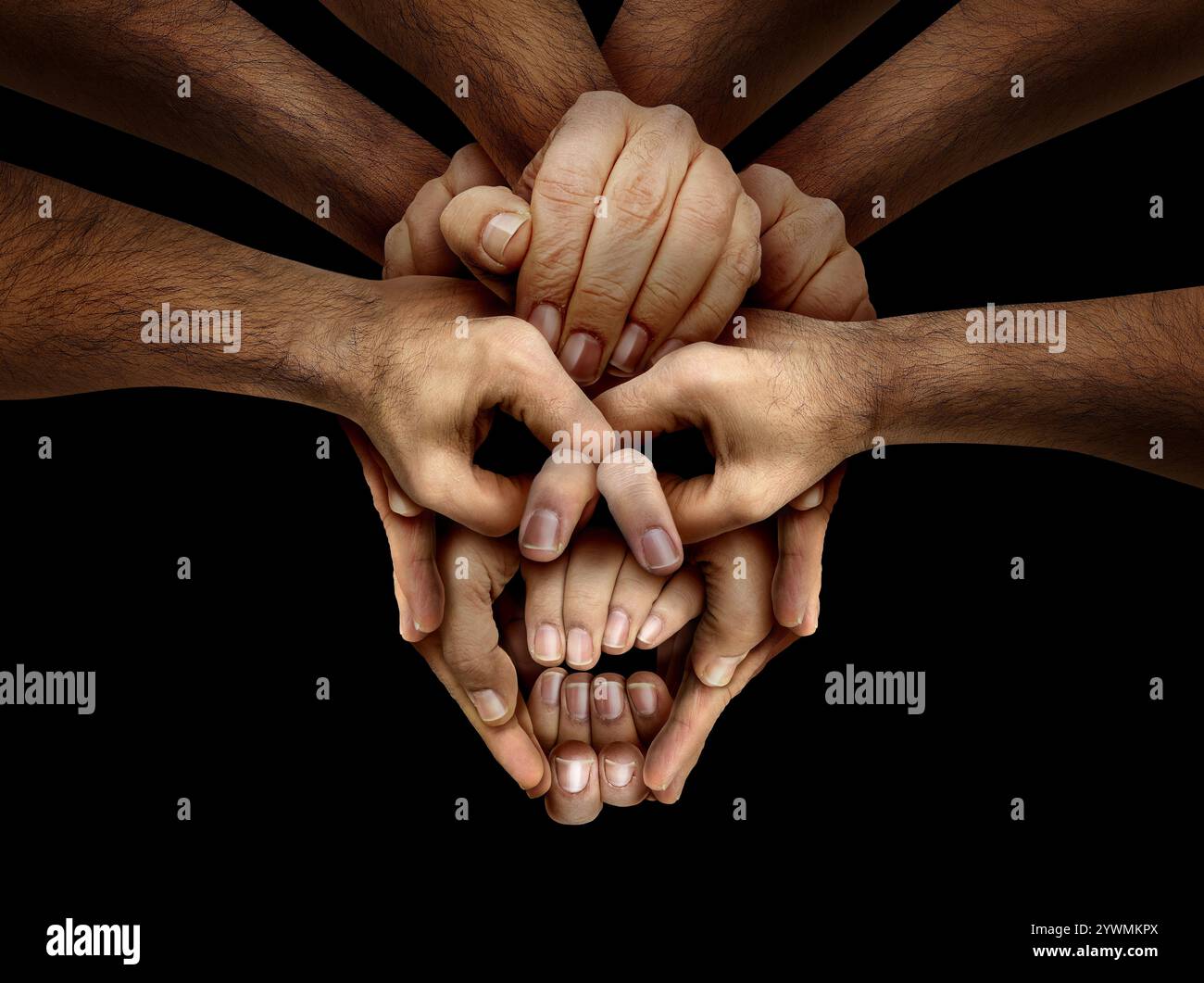 Kollektive Verantwortlichkeit als vielfältige Hände geformt als Symbol menschlicher Zerstörung als Umweltschäden oder militärischer Konflikt als Symbol für Stockfoto