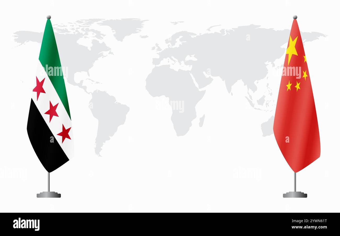 Syrische Revolution und China Flaggen für offizielles Treffen vor dem Hintergrund der Weltkarte. Stock Vektor