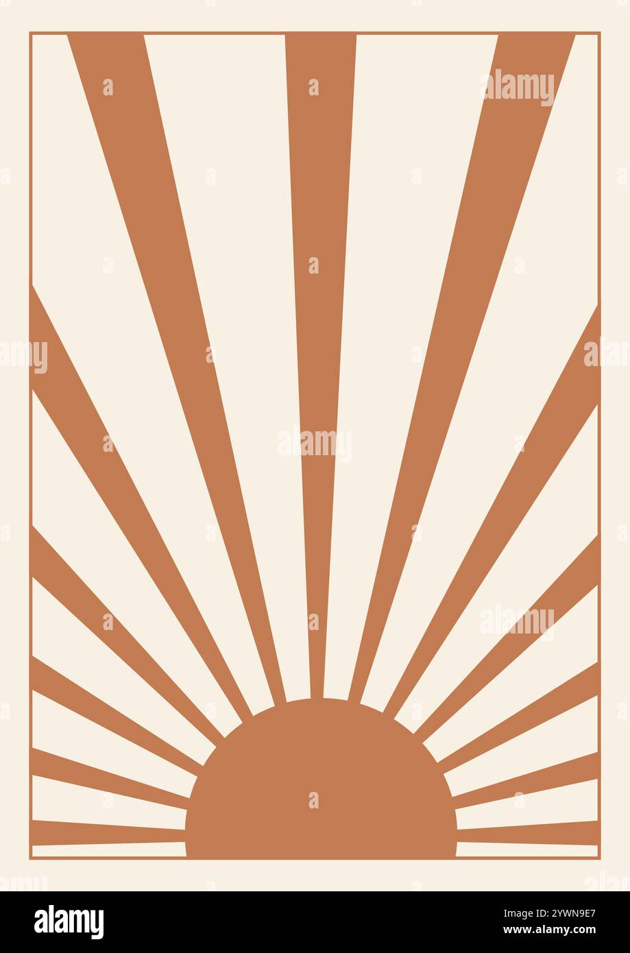 Braune Sonne mit Sonnenstrahlen ästhetischer Illustration. Poster mit Sonnenaufgang, Sonnenaufgang oder Sonnenuntergang. Preppy Sommer-Hintergrund. Moderne Vektorflachillustratio Stock Vektor