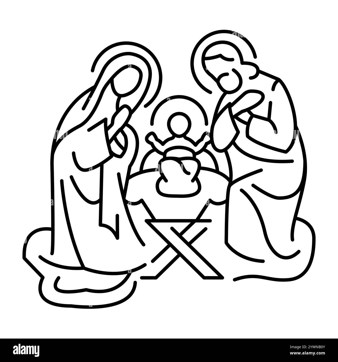 Fröhliche Weihnachten mit schwarzer Linie. Die Geburt des Erlösers. Heilig-Nacht-Konzept. Bearbeitbare Kontur Stock Vektor