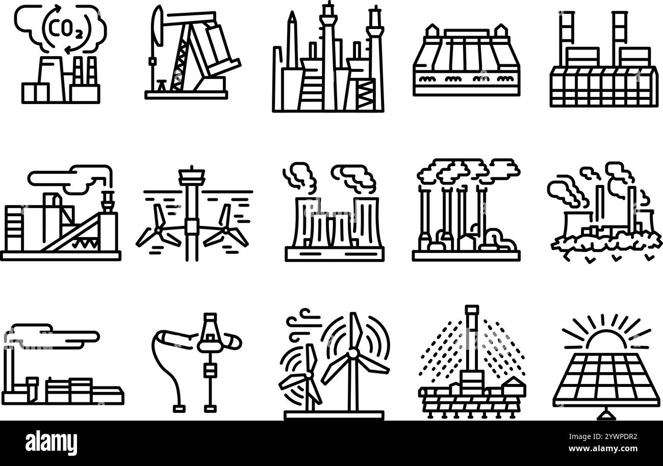 Schwarze Linien für alternative Energiequellen. Vektorisoliertes Element. Bearbeitbare Kontur. Stock Vektor