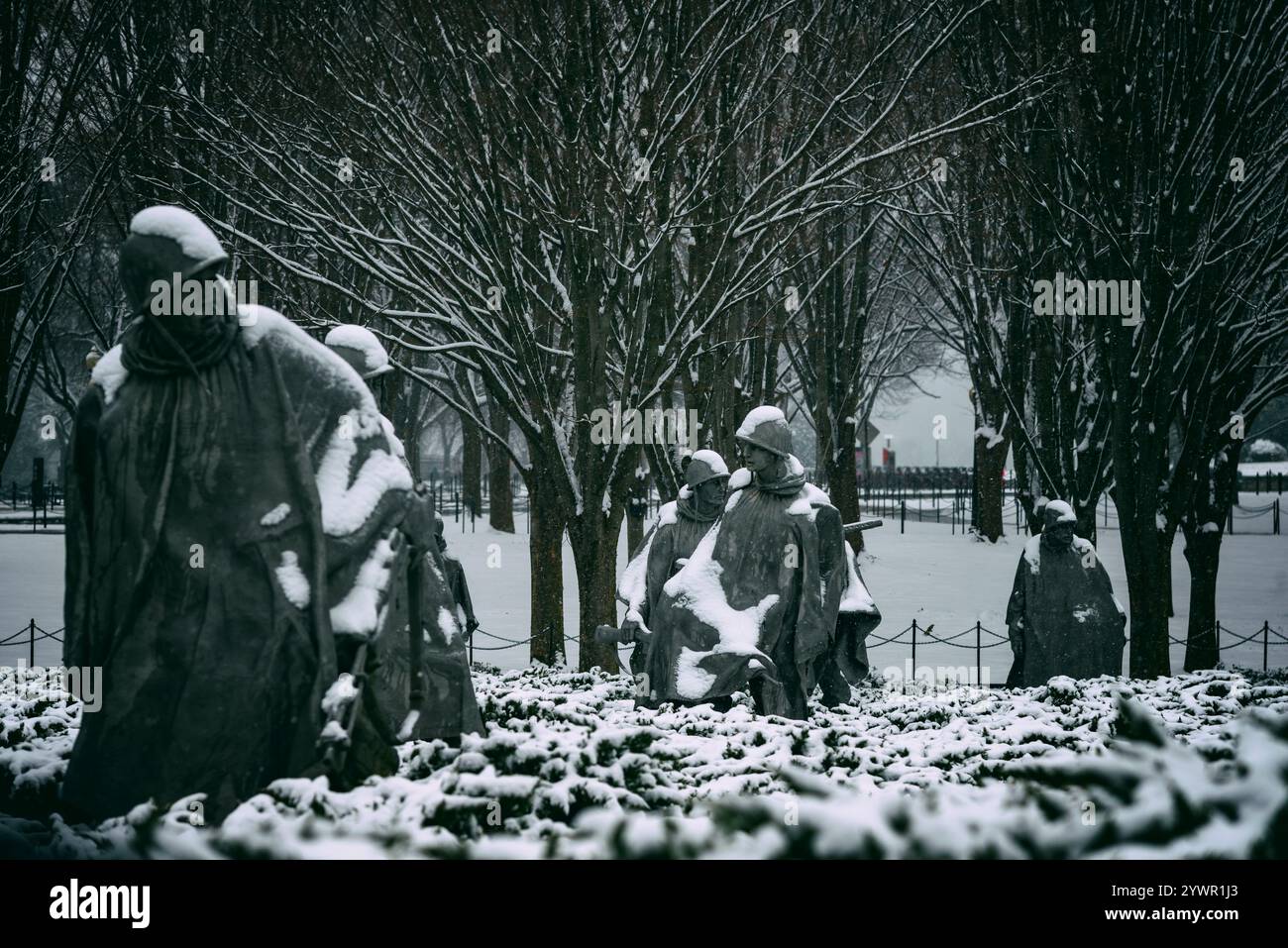 Das Korean war Veterans Memorial in Washington, D.C. ist mit Schnee bedeckt. Stockfoto