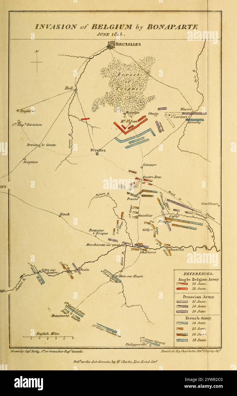 Invasion Belgiens durch Bonaparte Juni 1815 . Karte der Napoleonischen Kriege, Waterloo. Historische Skizze der Kampagne von 1815 Stockfoto