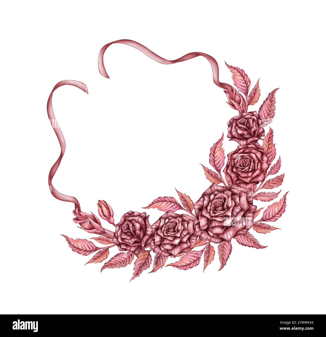 Rosen mit Bändern, Knospen und Blättern, gotische, burgunderrote Aquarellillustration. Halloween oder Day of the Dead botanische Dekoration isoliert von Backgro Stockfoto