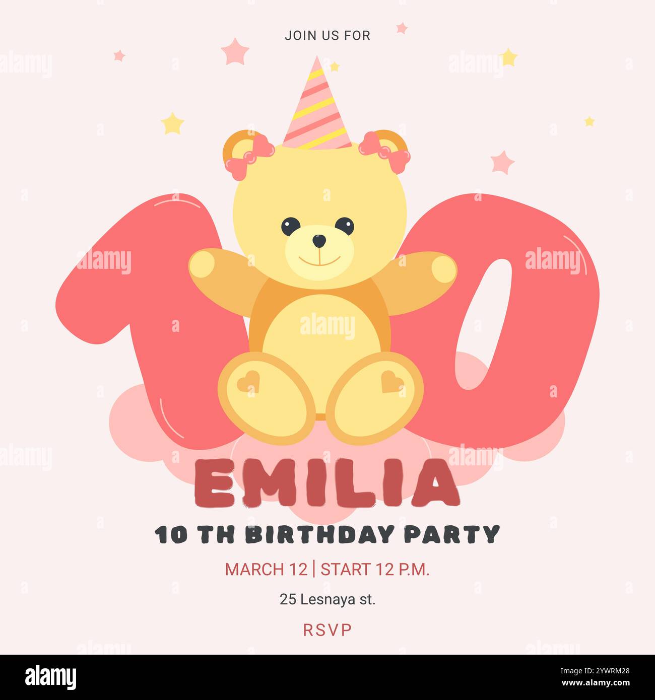 Geburtstagsfeier für Kinder mit süßem Bären und Nummer. Feier zum zehnten Geburtstag. Grußkartenvorlage für Kinder. Vektorabbildung. Stock Vektor