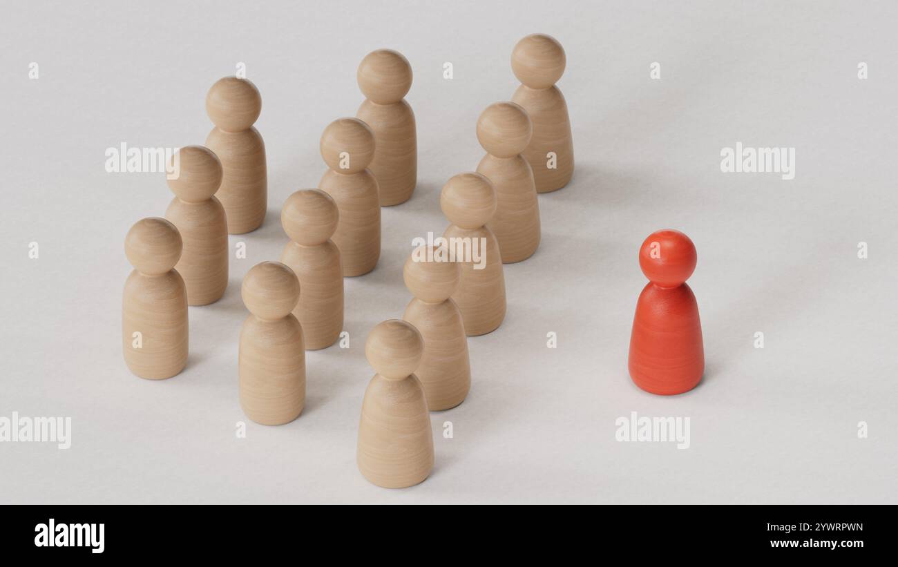 Eine Holzfigur, die mit einem Team steht, um Einfluss zu nehmen und zu ermächtigung. Konzept der Führung, erfolgreicher Wettbewerbssieger und Leader mit Einfluss und Stockfoto