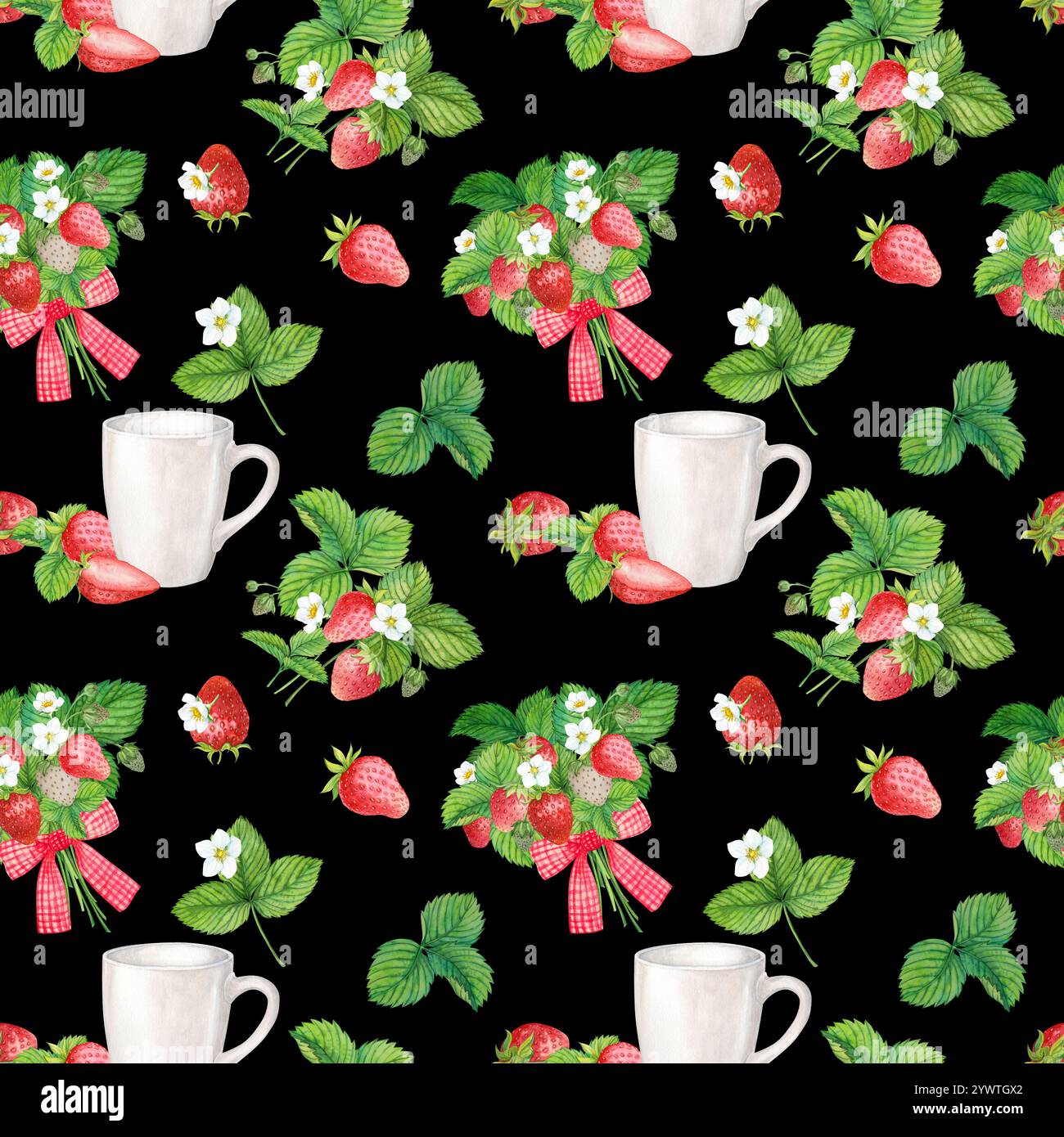 Nahtloses Muster mit roten Erdbeeren auf weißem Hintergrund. Aquarellillustration für Textil, Geschenkpapier. Heller Hintergrund mit Reifen Beeren. Stockfoto