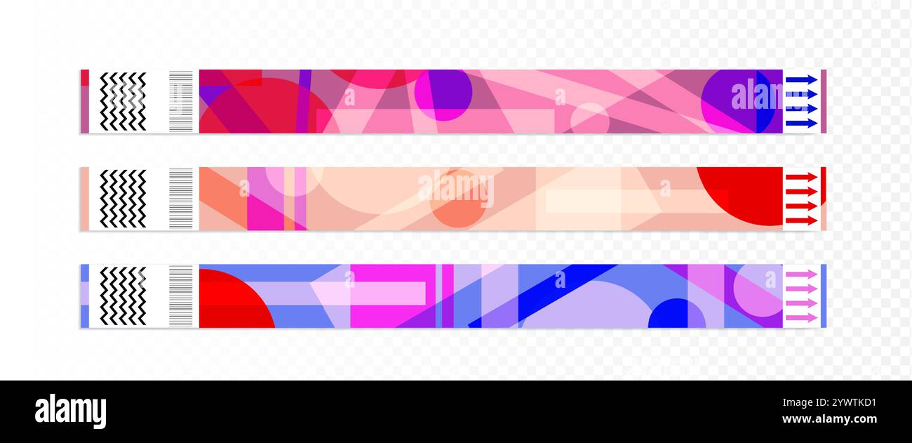 Papierarmband-Ticket mit abstrakten geometrischen Mustern. Sicherheitsarmbänder mit Barcode für den Eintritt zu Sportveranstaltungen, Konzerten oder Musikfestivals. Realistische 3D Club Party Handgelenk Armauflage Modell. Stock Vektor