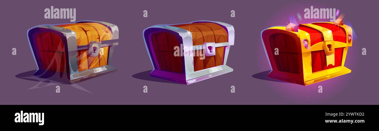 Geschlossene hölzerne Schatzkisten - alt verlassen mit Spinnennetz, alt mit metallischem Rahmen und königlich glänzend mit goldenen und Edelsteindekorationen. Spielstufe Rang Fortschrittsschritte von Schmuck mittelalterlichen Fall. Stock Vektor