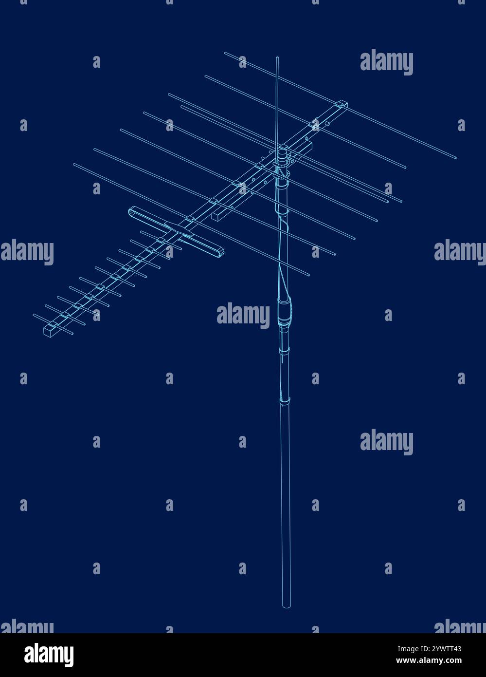 Symbol für blaue Antennenlinie. Radioantenne schwarzer linearer Vektor isolierter blauer Hintergrund. Funkturm. Darstellung der Kommunikationstürme. Sender Empfänger wi Stock Vektor