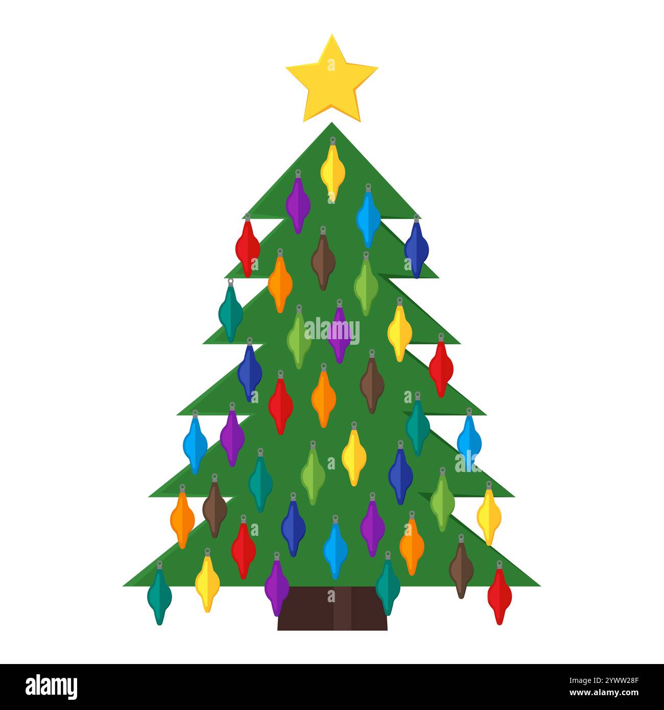 Weihnachtsbaum mit Weihnachtskugeln und einem Stern auf der Spitze. Vektorabbildung. Stock Vektor
