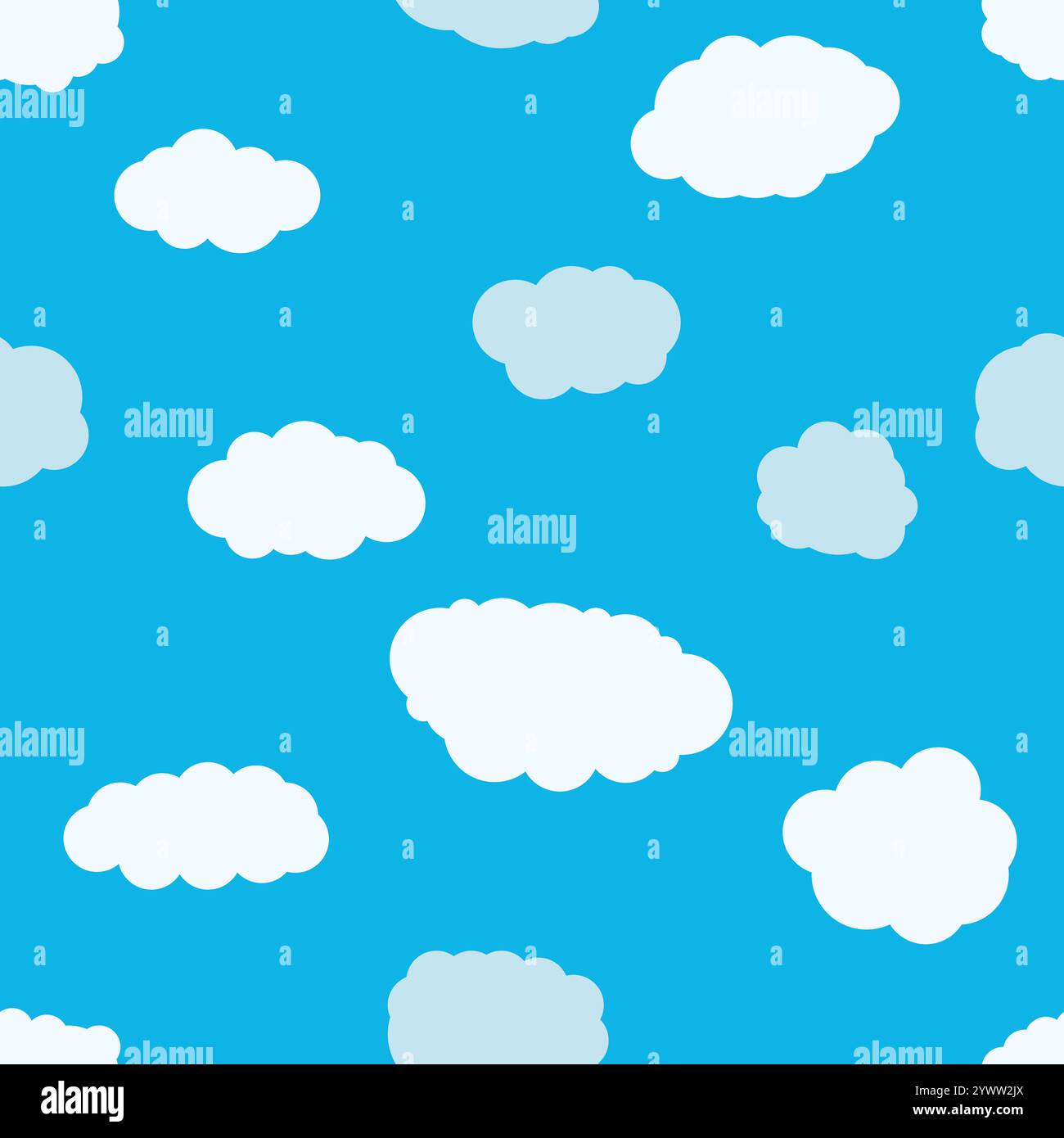 Nahtloser Hintergrund mit blauem Himmel und weißen Karikaturwolken. Vektorabbildung. Stock Vektor