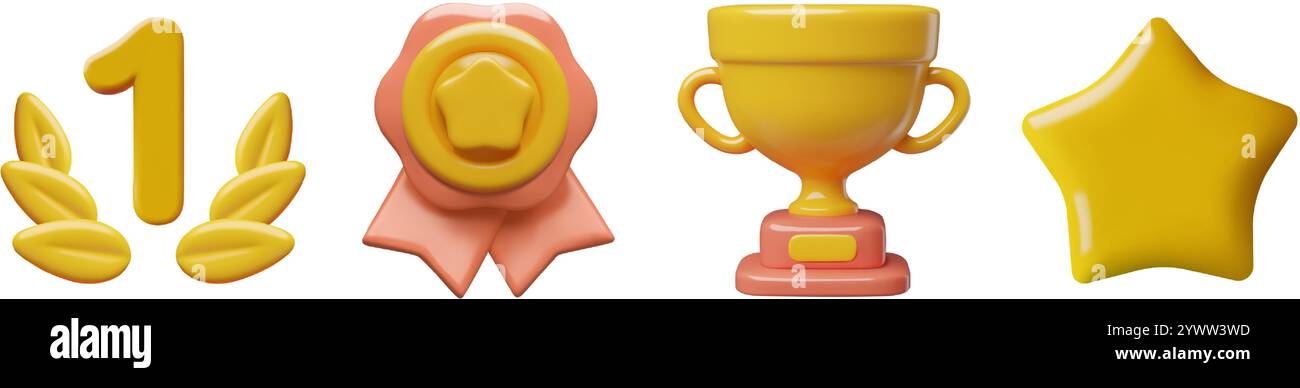 Auszeichnungen und Preise 3D-Vektor-Ikonen-Kollektion, einschließlich einer Gewinnermedaille, einer Goldtrophäe, der Nummer eins im Lorbeerkranz und einem Stern. Stock Vektor