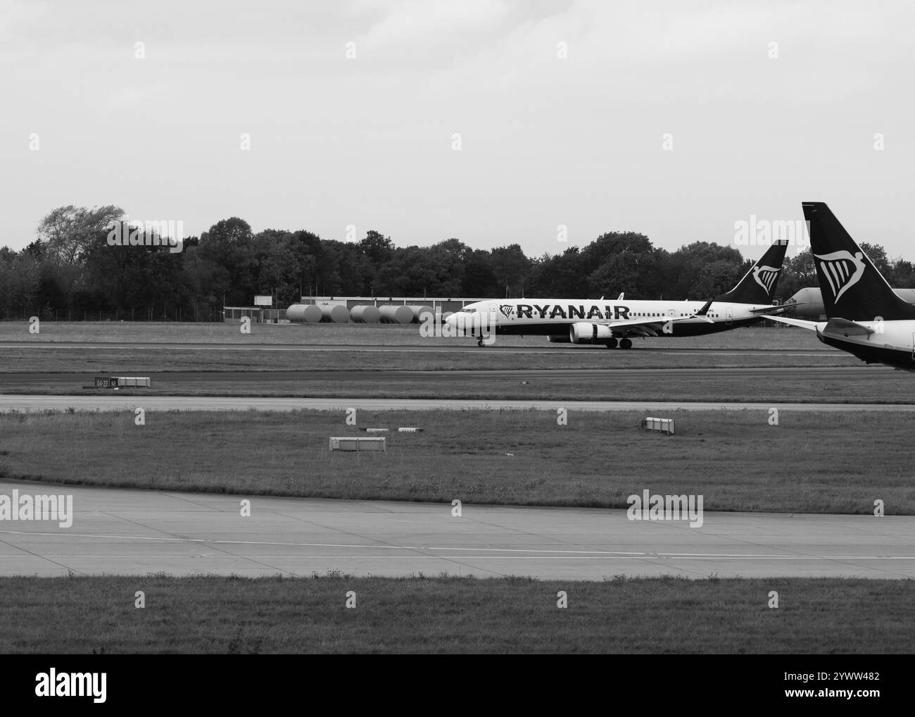 Ryanair Boeing 737 in London Stansted. Flugzeug in weiß und blau. Ryanair-Logos Stockfoto