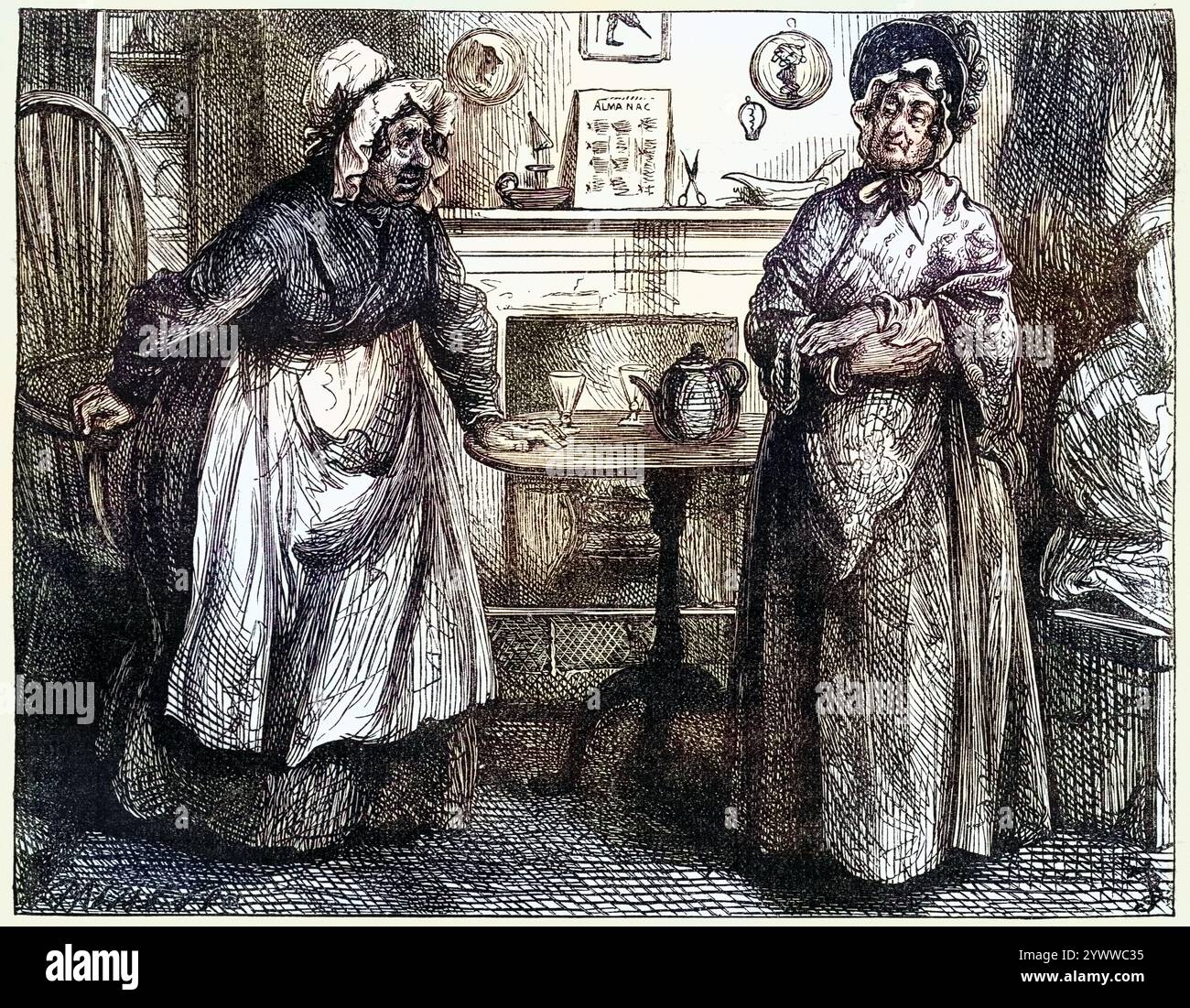 Vintange-Illustration einer Szene aus dem Roman Martin Chuzzlewit von Charles Dickens. Die Mrs. GAMP Rose - moralisch und physisch auferstanden - und verurteilte sie. Von Fred Barnard. Stockfoto