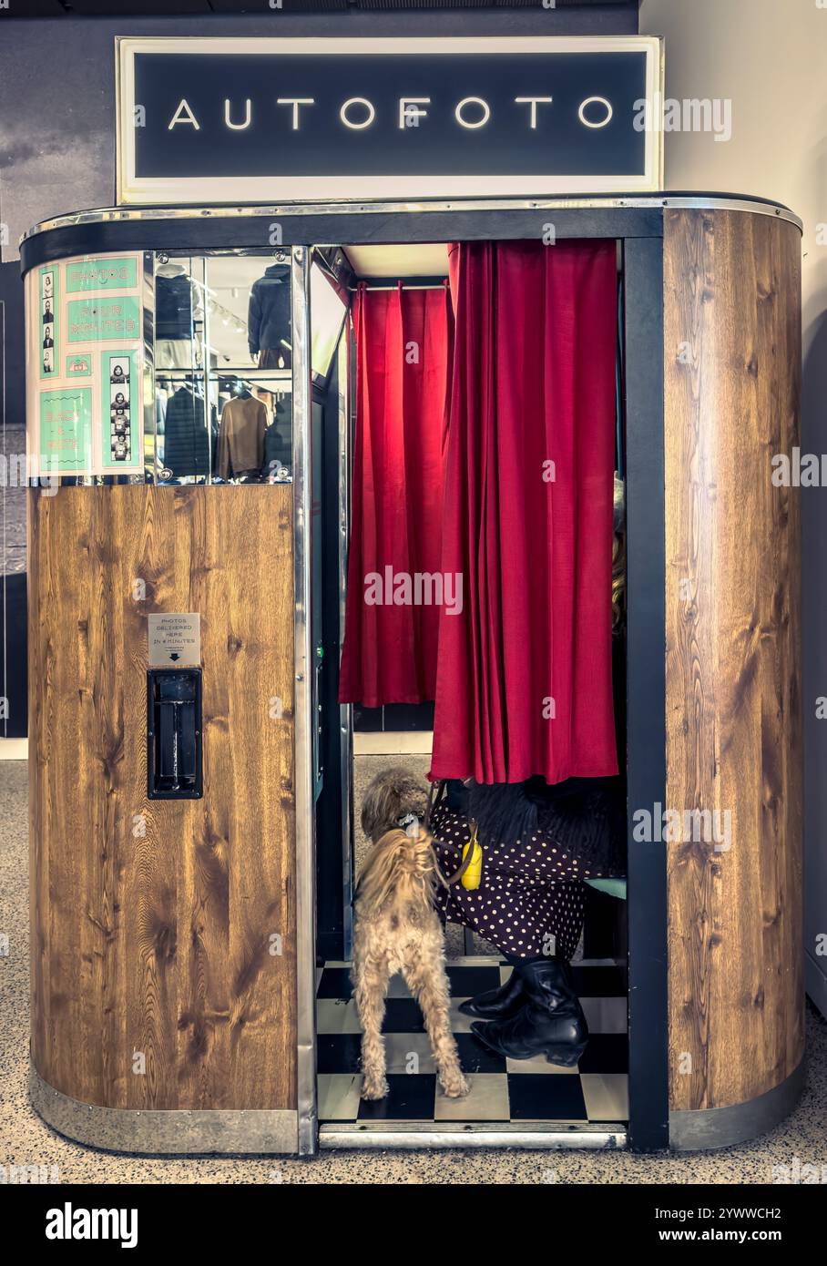 Außenseite der Fotokabine mit rotem Vorhang, teilweise gezeichnet, zeigt eine Frau und ihren Hund im Inneren Stockfoto