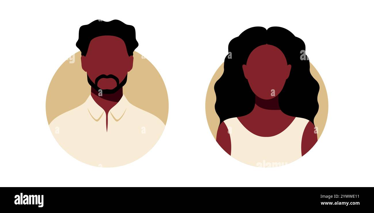 Schwarze Frauen und Männer abstrakte Gesichtssymbole. Afroamerikanische Frauen- und Männerporträts ohne Gesicht, Avatare oder anonyme Profile. Vektorabbildung Stock Vektor