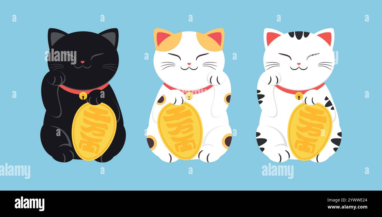 Niedliches Maneki-Neko-Ikonen-Set. Japanische Lucky Cats flache Zeichentrickfigur. Schwarze Katze, Ingwer und schwarz gepunktete Katzen. Geldkatze Stock Vektor