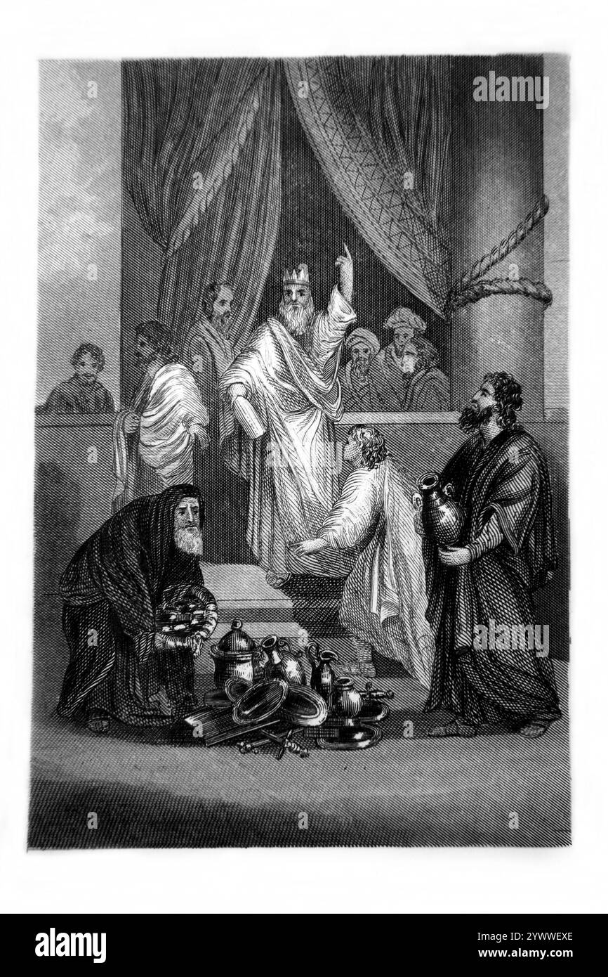 Die Stahlgravur der Leviten befahl, das Haus des Herrn zu heiligen - Hiskia, der König von Juda, befahl den Priestern, sich zu reinigen und befahl Stockfoto