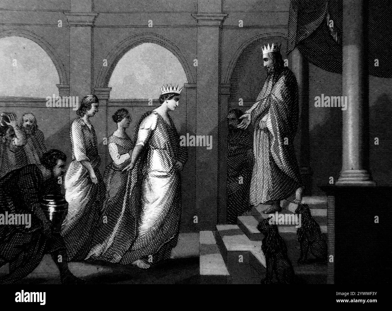 Stahlgravierung des Besuchs der Königin von Saba bei König Salomo und sie kam nach Jerusalem Gewürze, Gold und kostbare Steine von der Tallis Ill 1851 Stockfoto