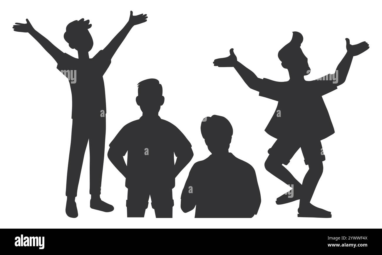 Mann steht und tanzt Silhouette. Junge Männliche Gruppe Vektor. Vorderansicht Der Männlichen Silhouette. Stock Vektor