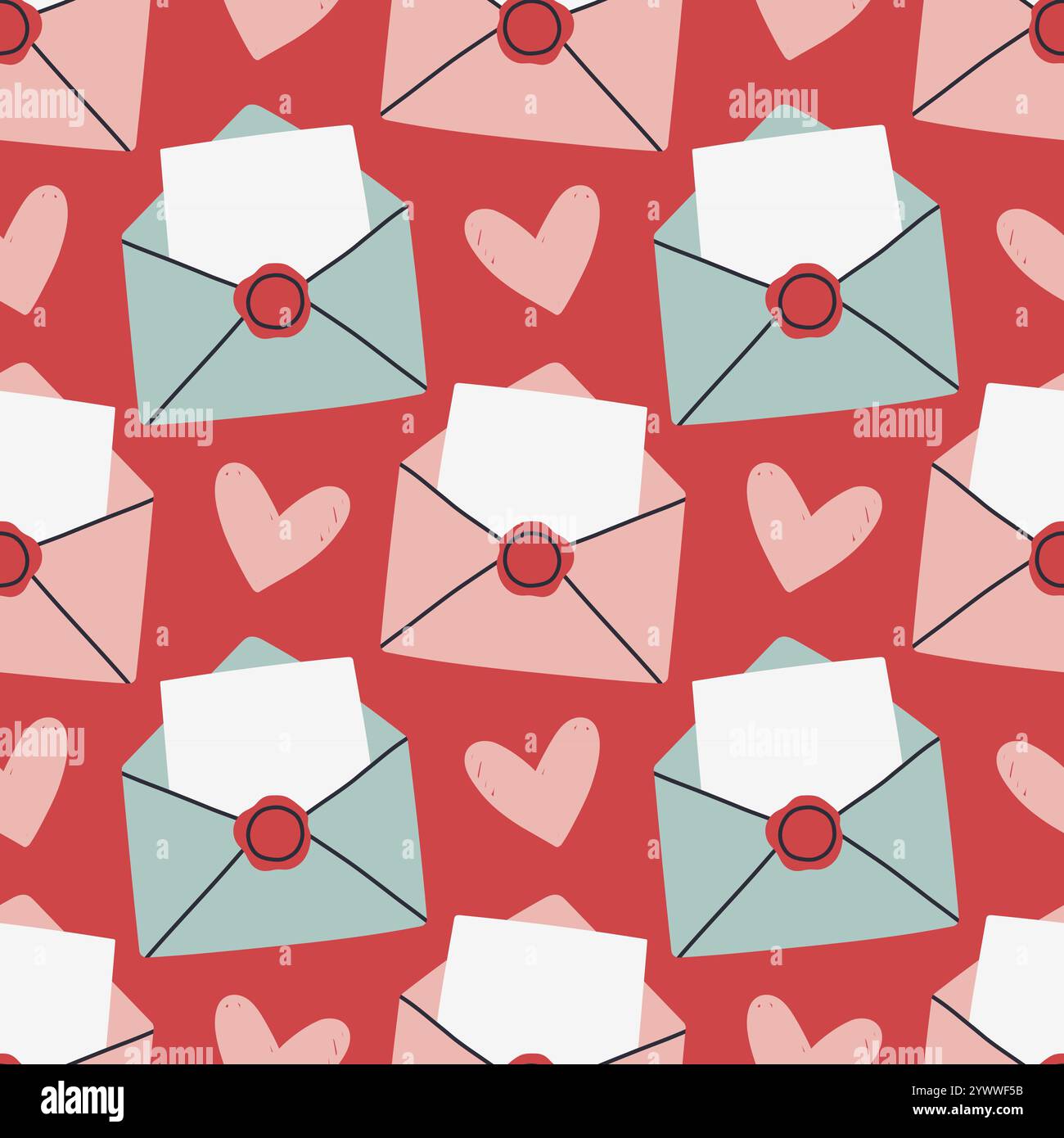 Nahtloses Kuvertmuster. Valentinstag Post. Einfache offene und geschlossene Umschläge, mit Herzen verziert. Feiertagshintergrund für Verpackung, Textil Stock Vektor