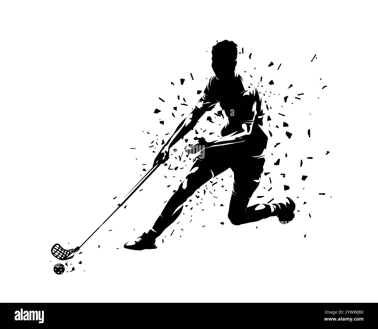 Floorbal-Player, verzerrte isolierte Vektorsilhouette, Tuschzeichnung, Indoor-Sport Stock Vektor