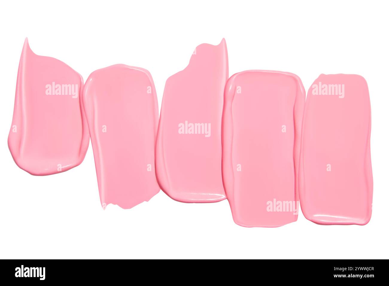 Zusammensetzung von rosa Creme- oder Lippenstiftabstrichen auf leerem Hintergrund. Schönheitsprodukt, kosmetische Texturen. Stockfoto