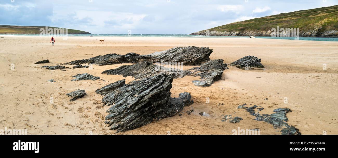 Ein Panoramabild der Felsen, die von den starken Gezeiten am Crantock Beach in Newquay in Cornwall in Großbritannien freigelegt werden. Stockfoto