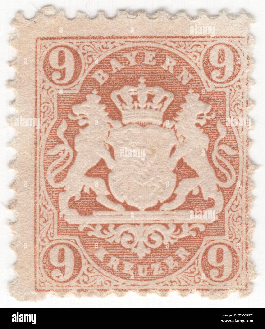 BAYERN — 01. Januar 1873: 9 Kreuzmarken in Braun mit geprägtem Bayern-Wappen mit rotem Seidenfaden und Ornament. Bayern war ein Königreich im Süden Deutschlands mit der Hauptstadt München, Mitglied des Deutschen Bundes und wurde 1870 Teil des Deutschen Reiches. Nach dem Ersten Weltkrieg erklärte sie sich zur republik. Am 31. März 1920 verlor sie ihre Postautonomie Stockfoto