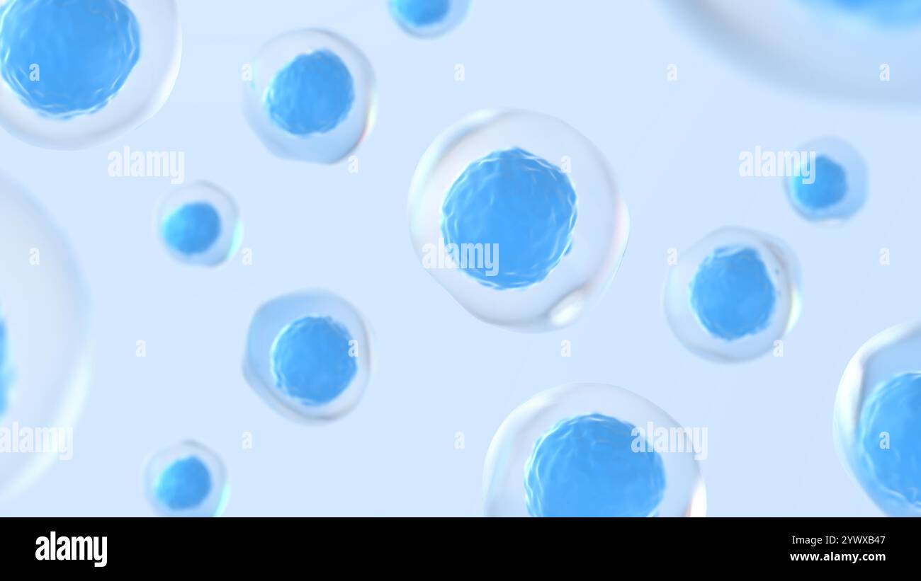 Menschliche Zellen. Blaue Farbe. 3D-Abbildung. Stockfoto