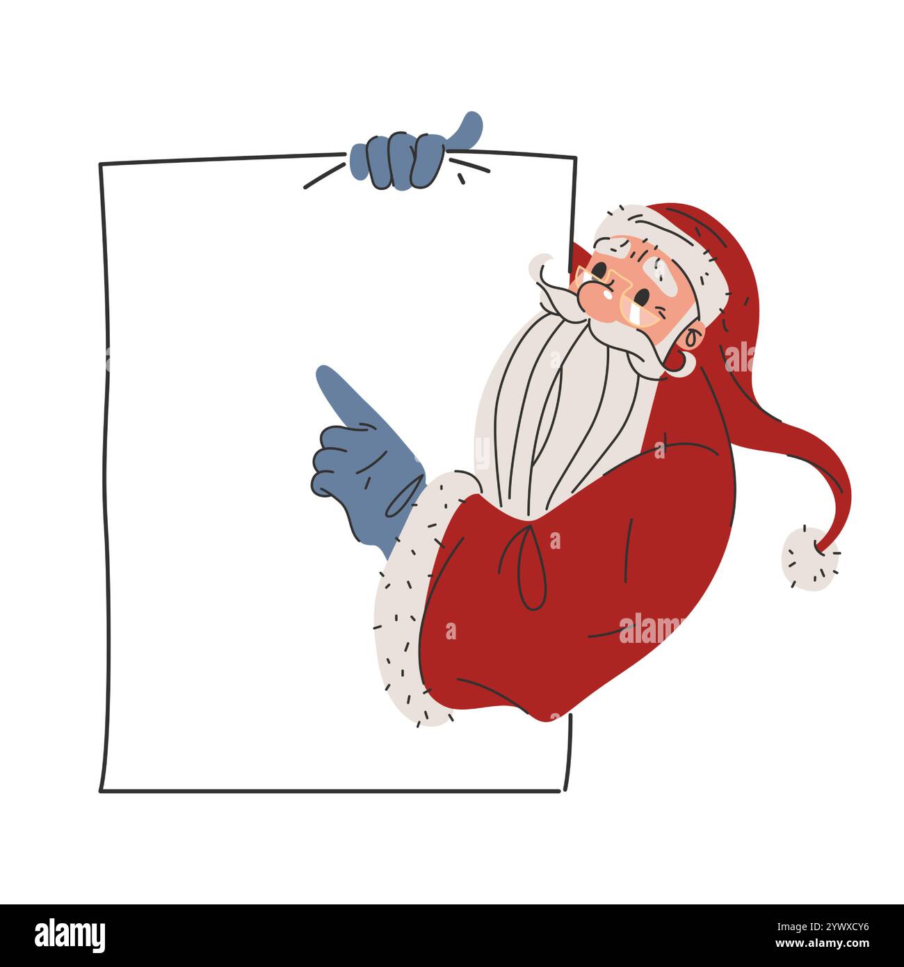 Vektorvorlage oder Modell mit Weihnachtsmann-Zeichen. Der Weihnachtsmann zeigt mit dem Finger auf das leere Banner. Leeres Blatt oder Papier für Neujahrsgrüße oder Wunschzettel. Stock Vektor