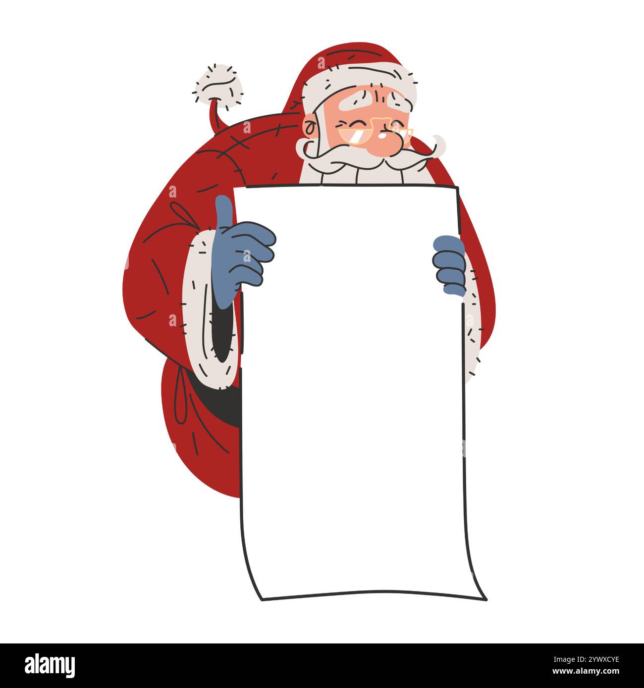 Der Weihnachtsmann hält das weiße Blatt in den Händen. Vektorvorlage oder Karte. Cartoon-Figur des Weihnachtsmanns versteckt sich hinter dem leeren Brief. Stock Vektor