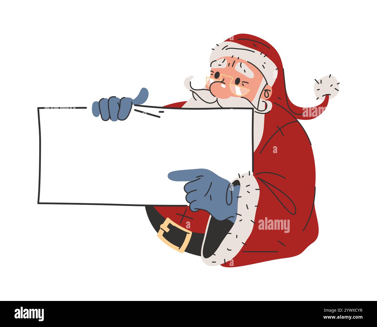 Horizontales Banner für den Text oder die Begrüßung mit dem Weihnachtsmann-Zeichen. Leere Vorlage oder Karte. Der Weihnachtsmann oder der Heilige Nikolaus hält einen leeren Brief oder ein leeres Blatt. Stock Vektor