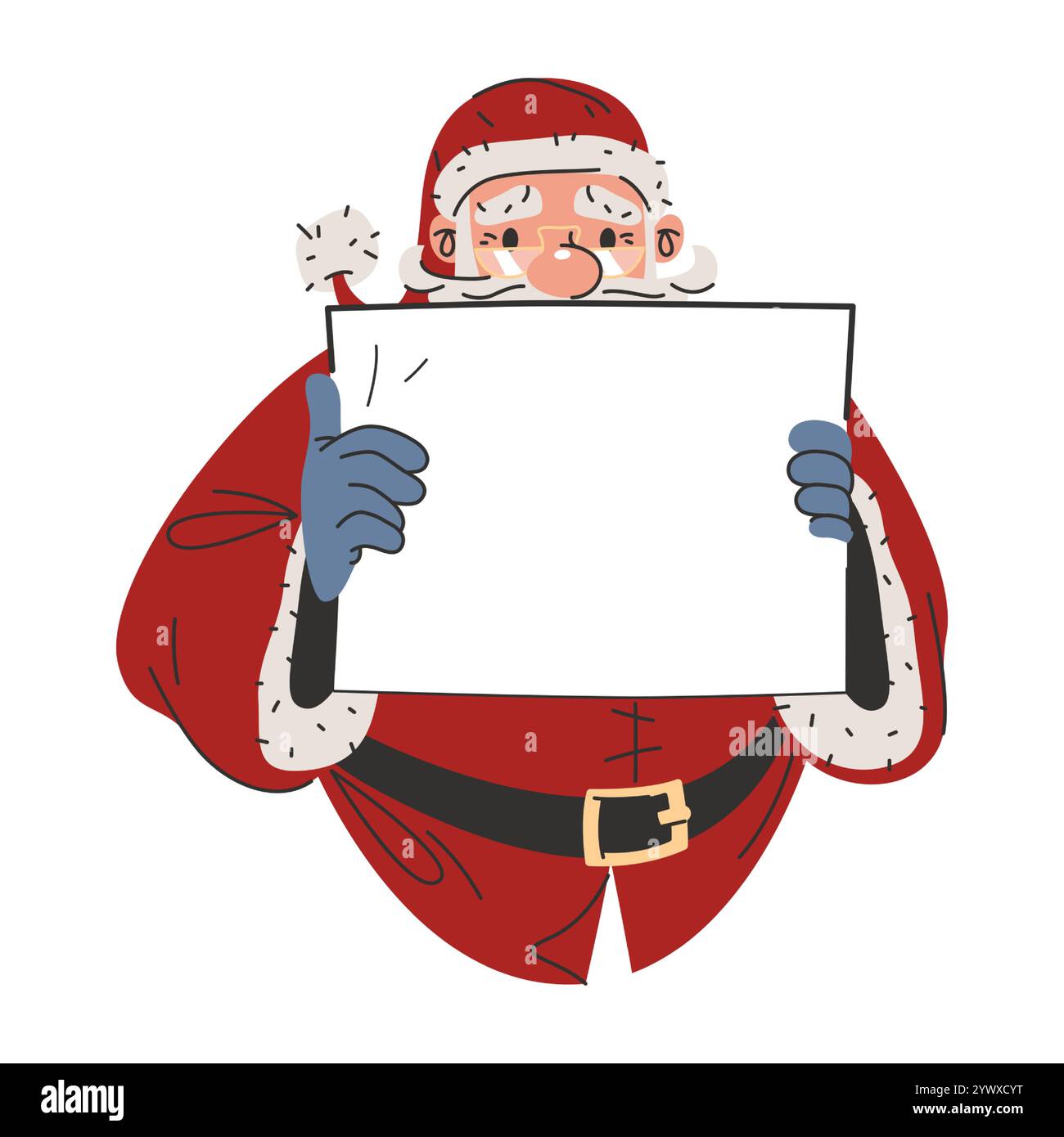 Weihnachtsmann oder Nikolaus Figur mit weißem Blatt in den Händen. Vektorvorlage oder Modell. Die Cartoon-Figur des Weihnachtsmanns hält einen leeren Brief oder eine leere Seite. Stock Vektor