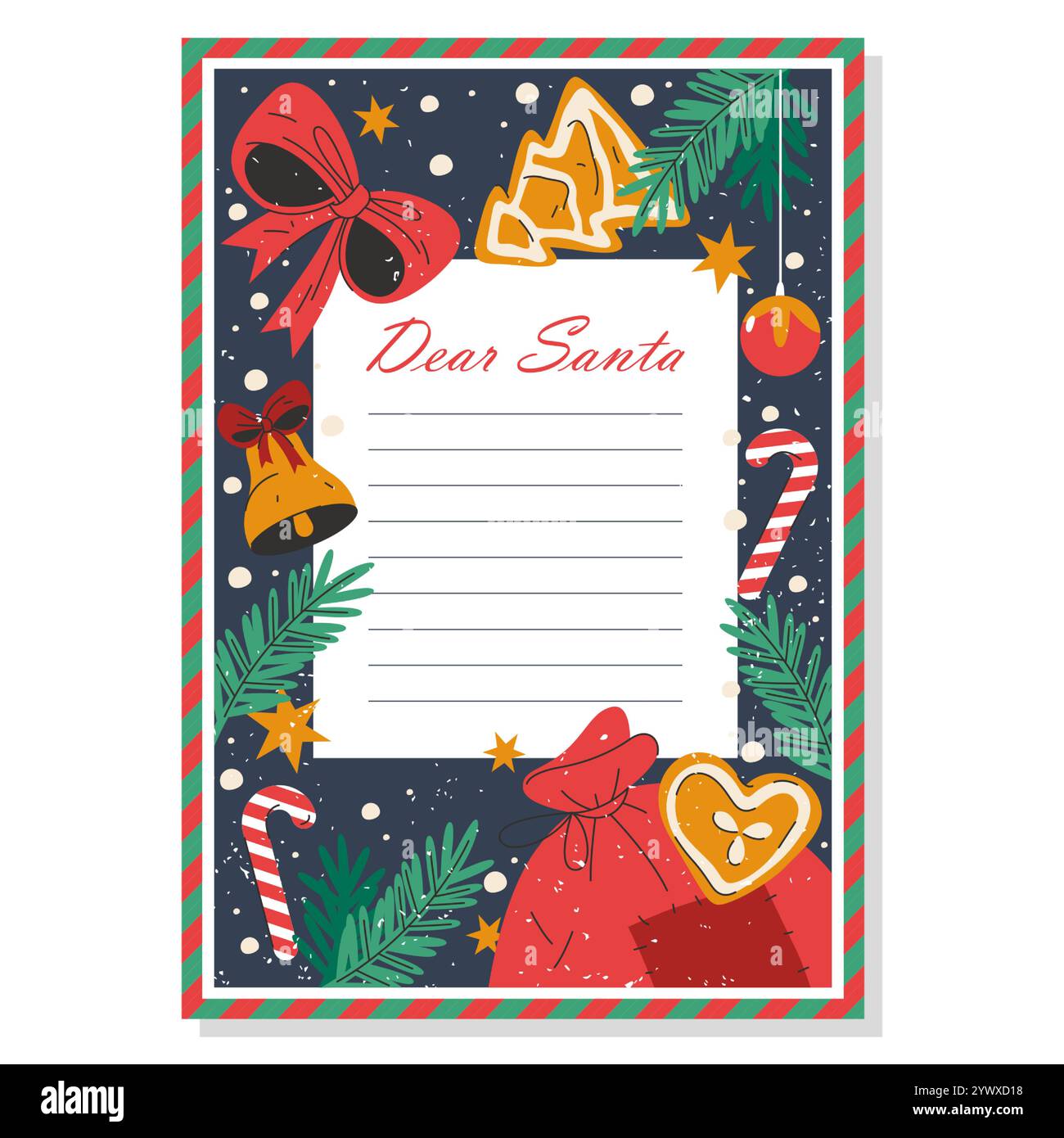 Leere Vorlage für den Brief an den Weihnachtsmann. Leeres Vektor-Papier oder Blatt für Wunschzettel für Kinder. Weihnachtsseite oder Weihnachtskarte mit Weihnachtsdekoration. Stock Vektor