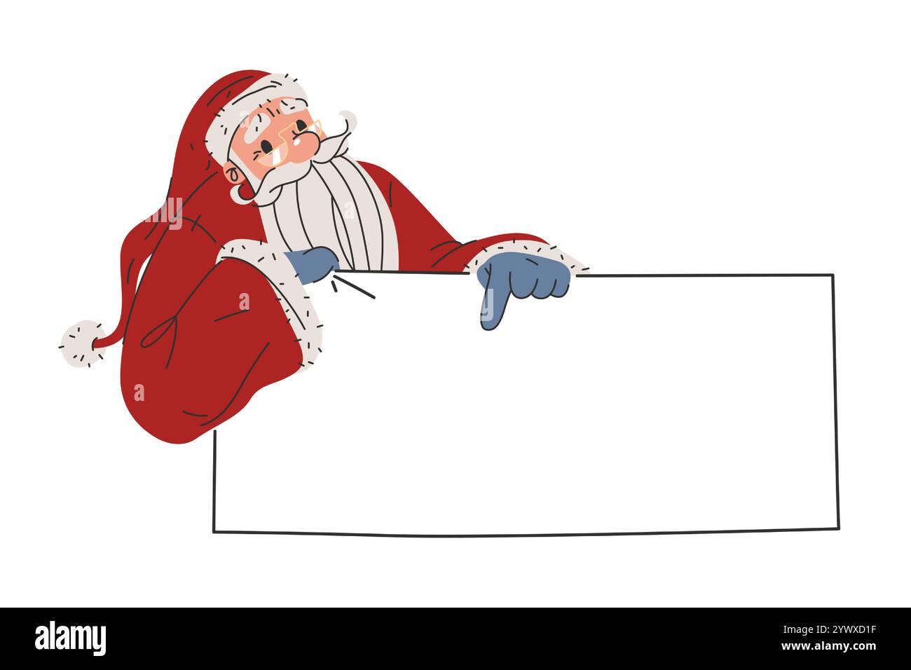 Vektorbanner für den Text oder die Begrüßung mit dem Weihnachtsmann-Zeichen. Leere Vorlage oder Karte. Die Cartoon-Figur des Weihnachtsmanns hält einen leeren Brief oder ein Blatt. Stock Vektor