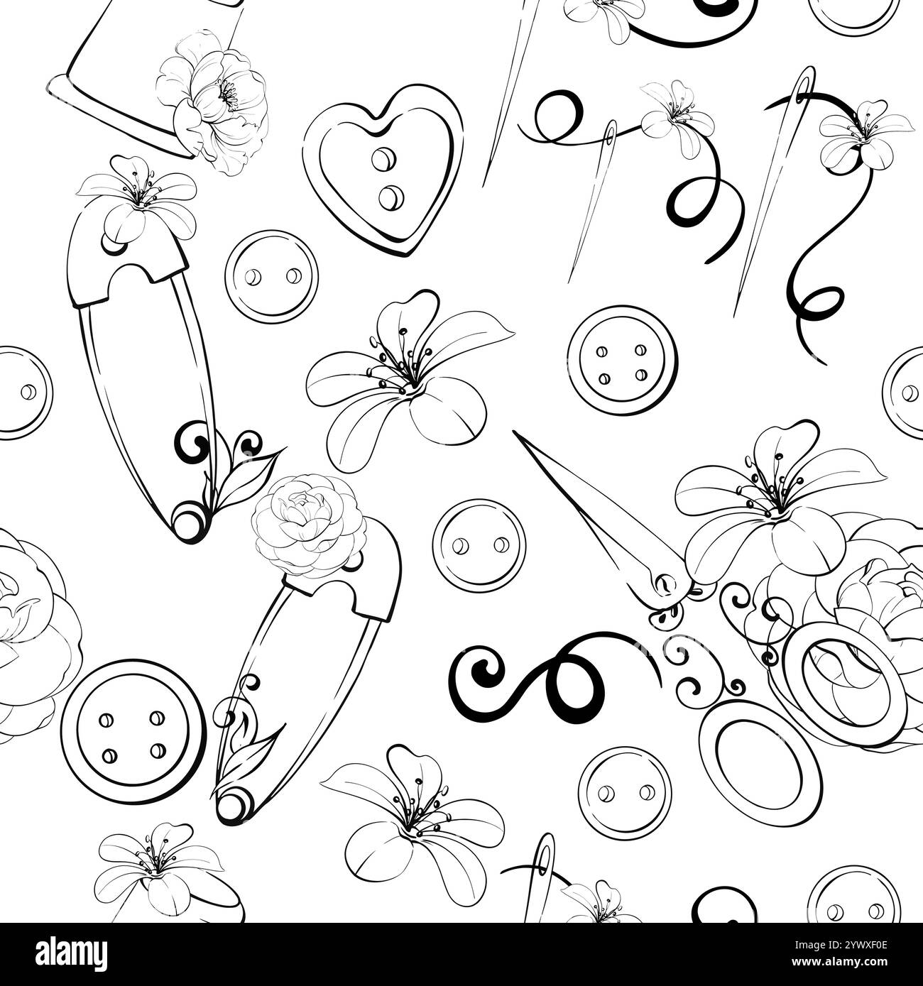 Nähwerkzeuge mit Blumen, romantischer, nahtloser Hintergrund im Retro-Stil. Schere, Nadeln, Knöpfe, Stifte, Gewindespule. Vintage Old Fashion, Schneiderei für Stock Vektor