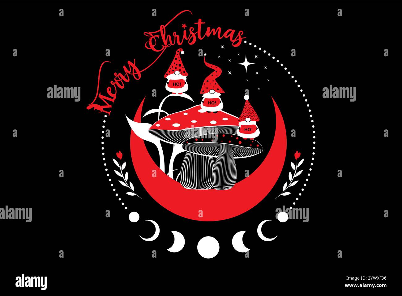 Weihnachtsfeiertage, magische Gnome in den mystischen Pilzwäldern auf Mondsichel und Sternen. Santa Elf HO HO HO HO HO. Hexenpilz und Mond Stock Vektor