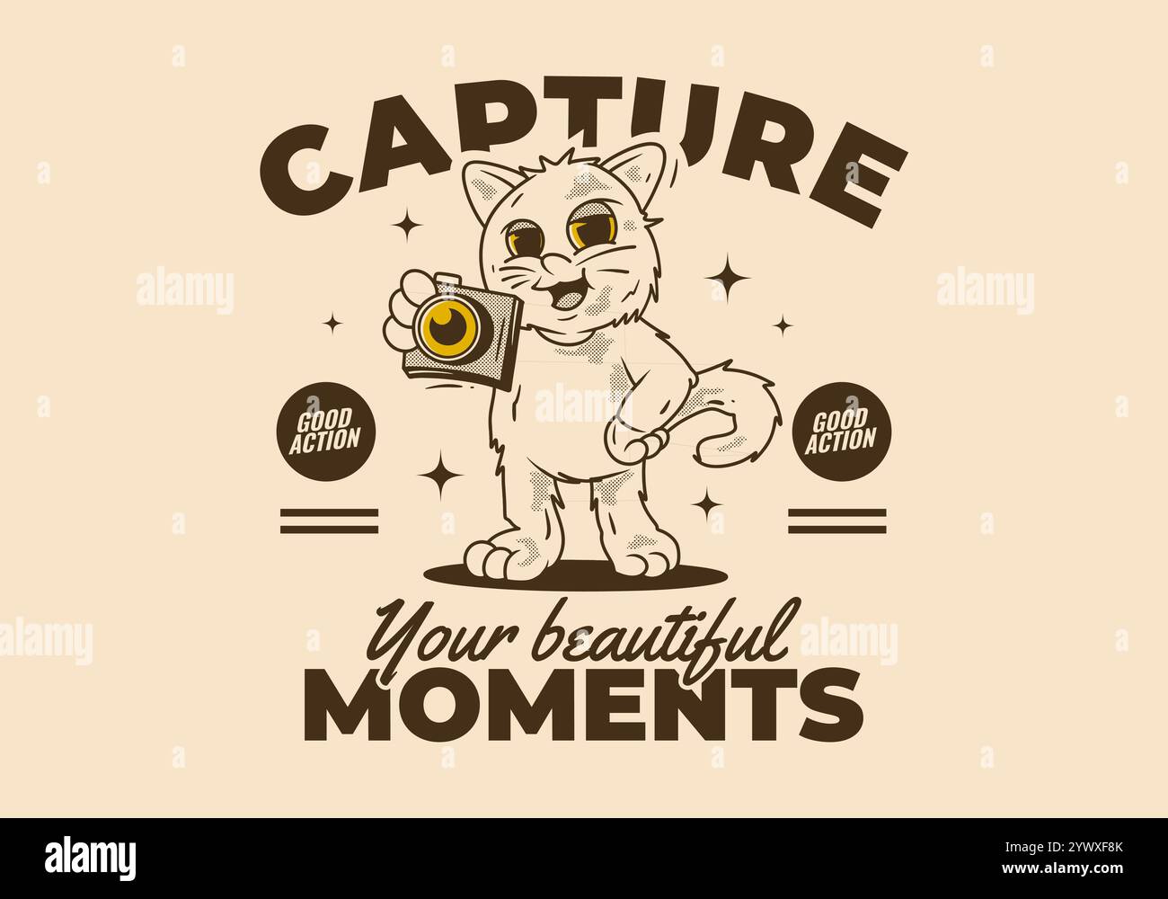 Halten Sie Ihren schönen Moment fest. Vintage Maskottchen Charakter einer stehenden Katze, die eine Taschenkamera hält Stock Vektor Halten Sie Ihren schönen Moment fest. Vintage Maskottchen Charakter einer stehenden Katze, die eine Taschenkamera hält Stock Vektor
