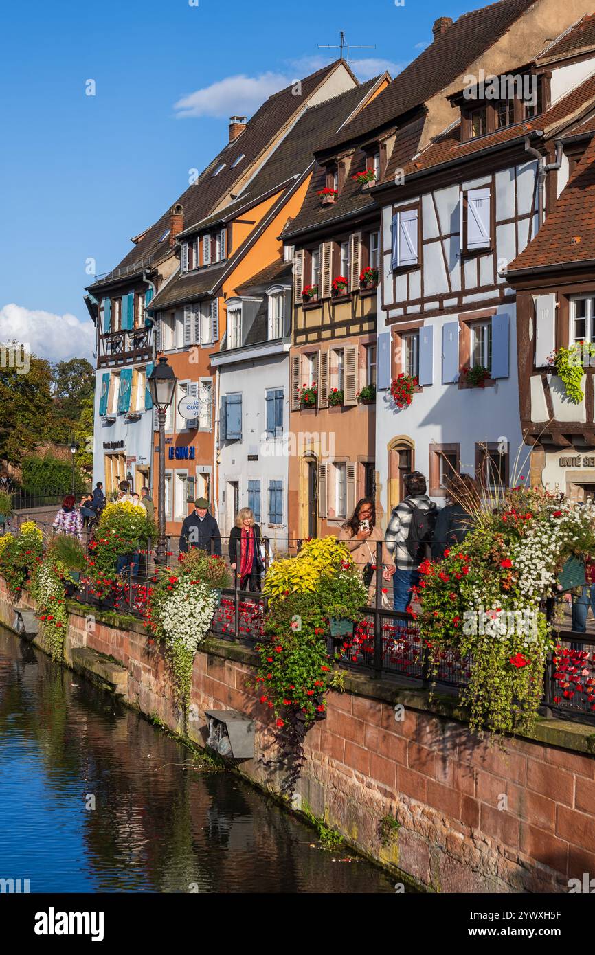 Stadt Colmar im Elsass, Frankreich. Traditionelle Häuser am Flussufer in Little Venice (La Petite Venise) in der Altstadt und am Ufer des Flusses Lauch schmücken Stockfoto