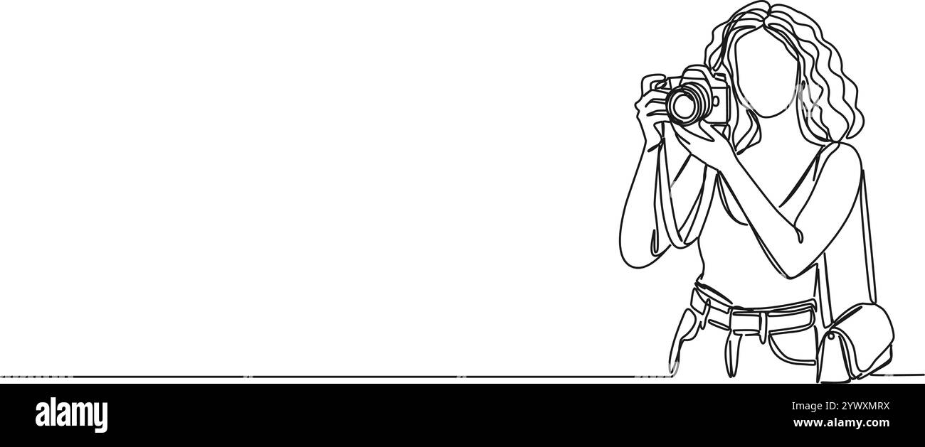 Kontinuierliche Linienzeichnung einer Amateurfotografin, die Bilder mit DSLR macht, Liniengrafik-Vektor-Illustration Stock Vektor