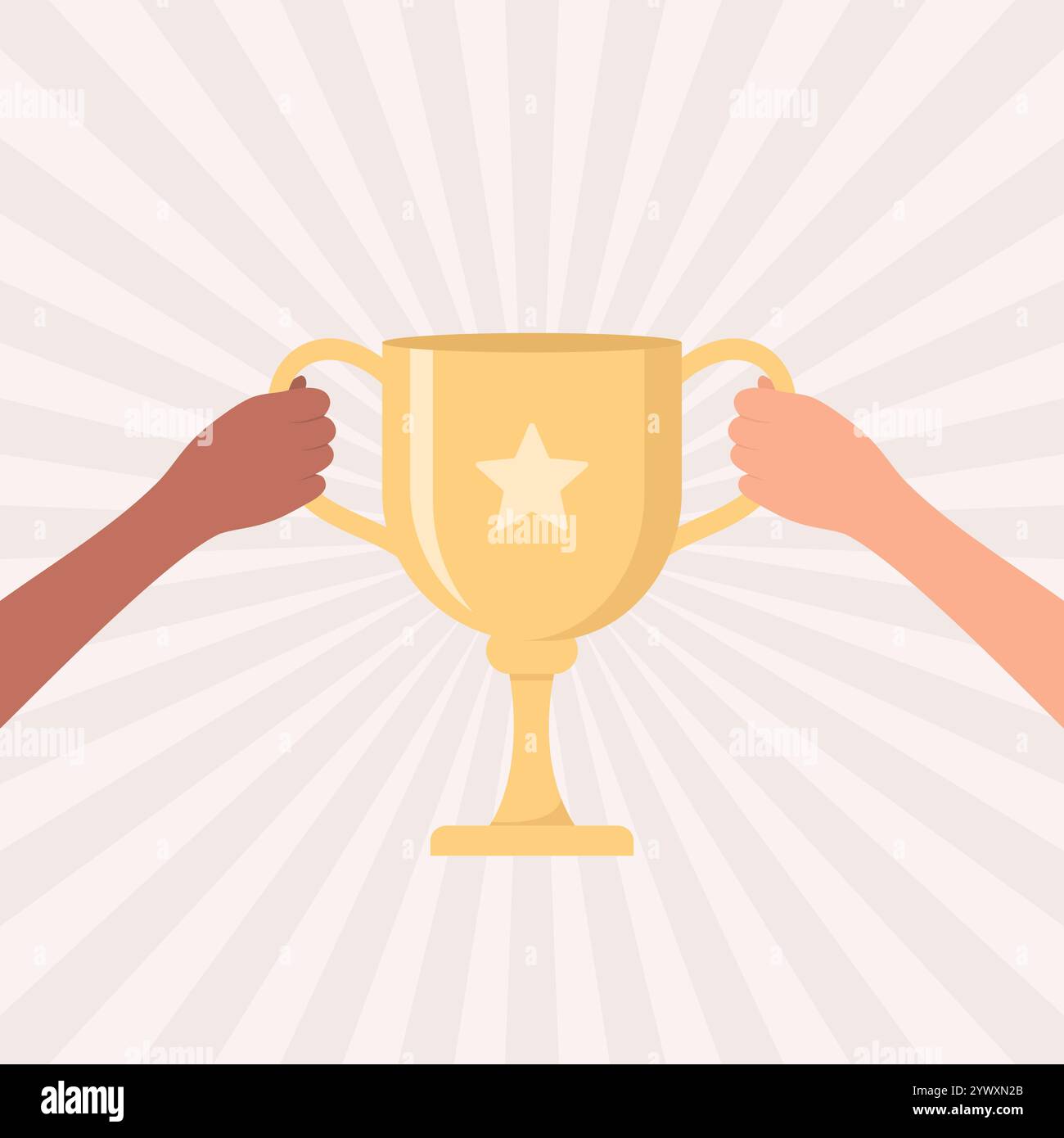 Zwei Hände von Menschen mit verschiedenen Hauttönen halten eine goldene Trophäe Tasse auf einem beigen Hintergrund mit radialen Strahlen, flache Vektorillustration Stock Vektor