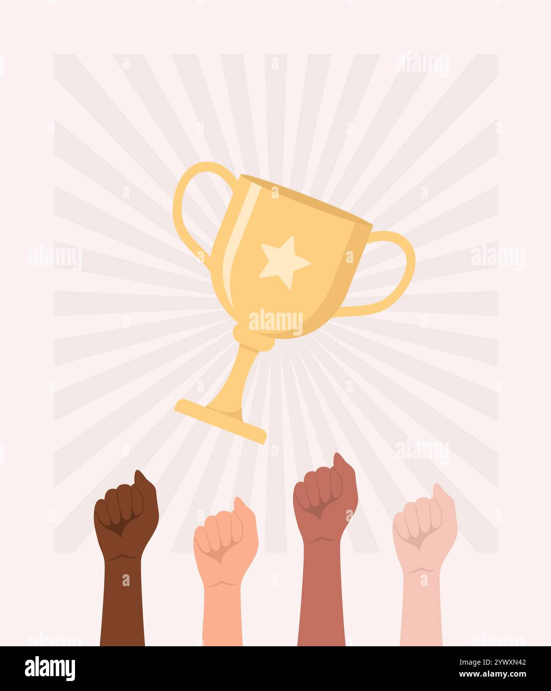Hände von Menschen verschiedener Nationalitäten und Hauttöne erhoben und zu Fäusten geballt, eine goldene Trophäe mit Radialstrahlen darüber, flach V Stock Vektor