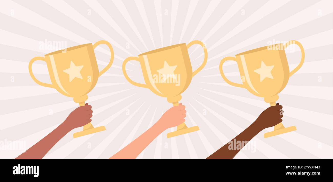 Hände von Menschen verschiedener Nationalitäten und Hauttöne, die goldene Trophäentassen auf einem beigefarbenen Hintergrund mit Radialstrahlen halten, flache Vektorillustration Stock Vektor