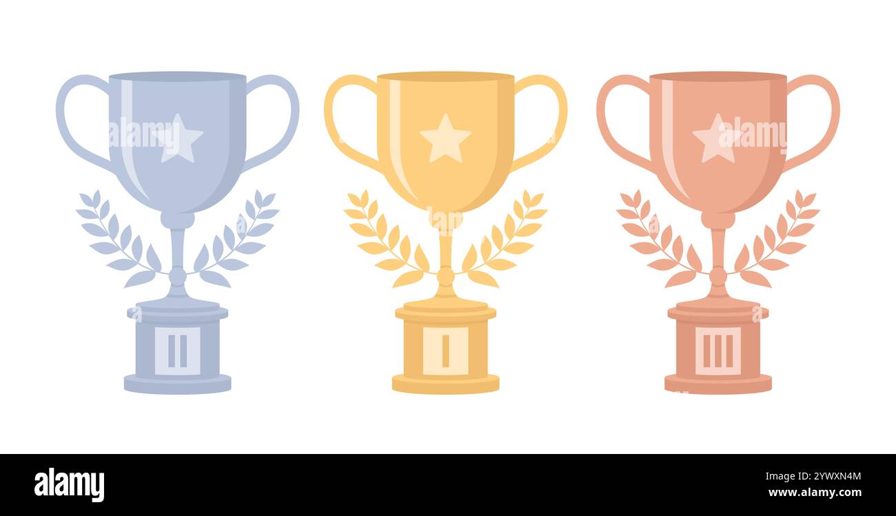 Goldene, silberne und bronzene Trophäentassen, verziert mit Lorbeerkränzen, isoliert auf weißem Hintergrund. Illustration des flachen Vektors Stock Vektor