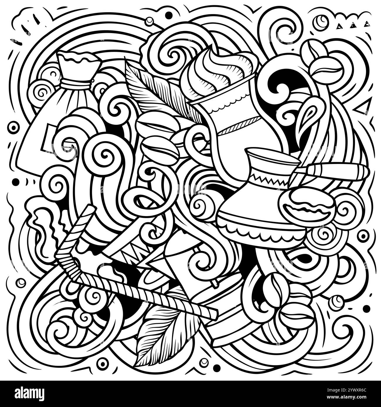 Cartoon Vektor Kritzeleien Kaffee Haus Illustration. Skizzenhaft, detailliert, mit vielen Objekten Hintergrund. Alle Objekte sind getrennt. Lustiges Bild im Line Art Cafe Stock Vektor